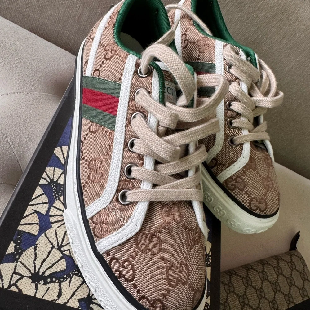 Gucci Beige Monogram Sneakers with Green and Red Accents - Picture 1 of 5